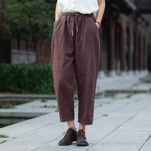 Women Linen and Cotton Causal Loose Cropped Drawstring Capris
