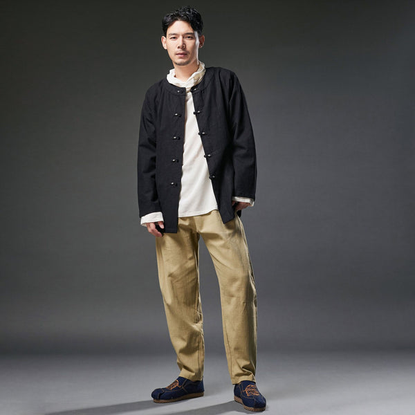 2021 Autumn NEW! Men Retro Chinese Style Pure Color Linen and Cotton Long Sleeve Cardigan Thin Jacket