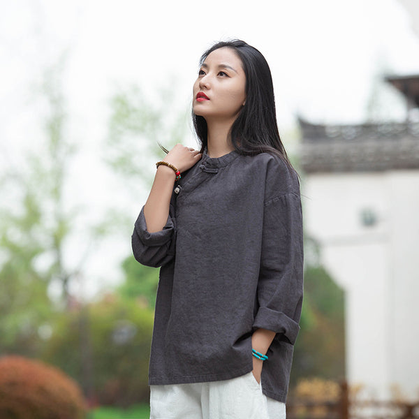 Women Round Collar Zen Style Linen and Cotton Long Sleeves Side Cardigan Shirt