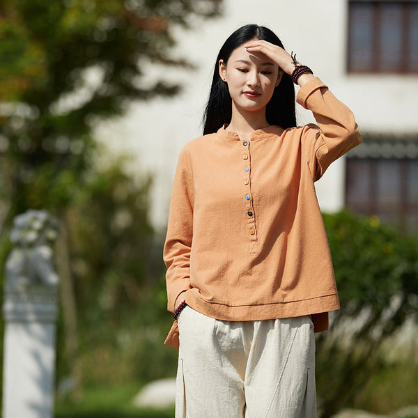 2021 Autumn NEW! Women Simple Light Style Linen and Cotton Pure Color Top Buckle Blouse Shirt
