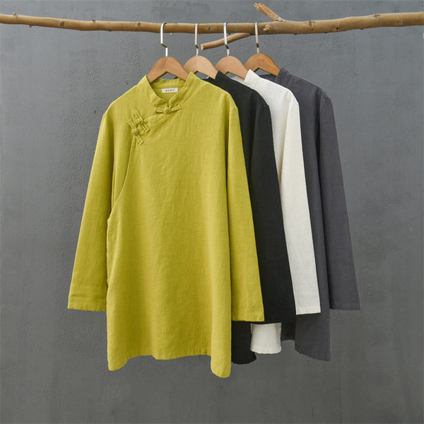 2021 Autumn NEW! Women Simple Retro Style Linen and Cotton Pure Color Top Buckle Blouse Shirt