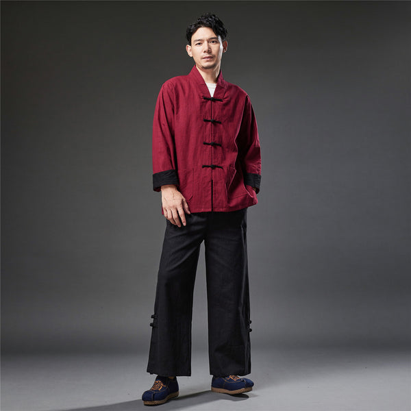 2021 Autumn NEW! Men Retro Style Linen and Cotton Drawstring Wide Leg Cropped Pants