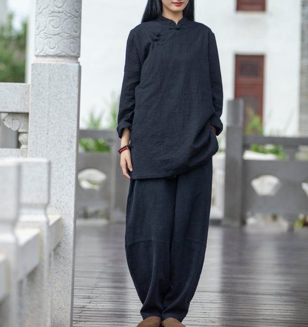 2021 Autumn NEW! Women Simple Retro Style Linen and Cotton Pure Color Top Buckle Blouse Shirt