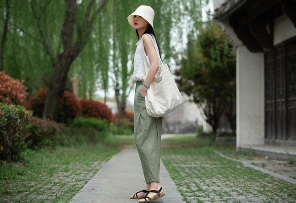Women Linen and Cotton Causal Loose Cropped Capris
