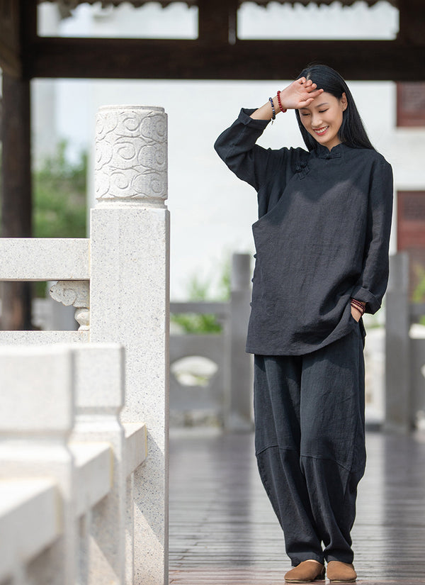 2021 Autumn NEW! Women Simple Retro Style Linen and Cotton Pure Color Top Buckle Blouse Shirt