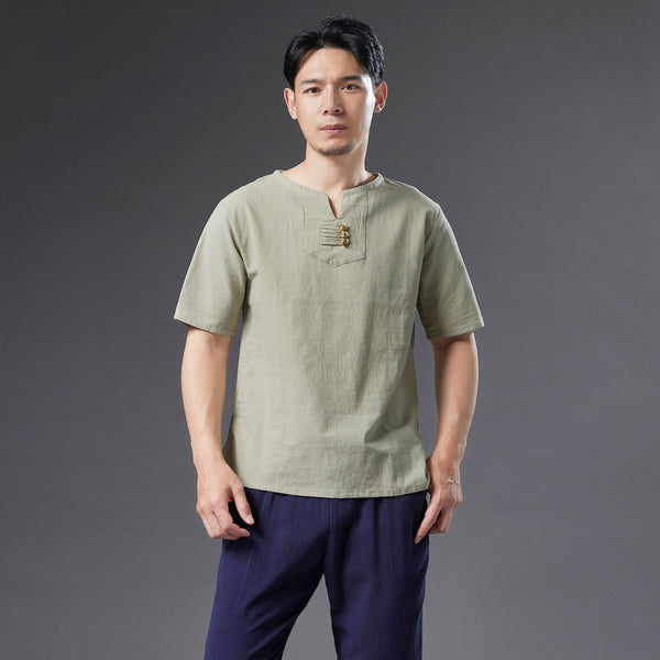 Men Causal Round Neck Style Linen and Cotton Short Sleeve Tops