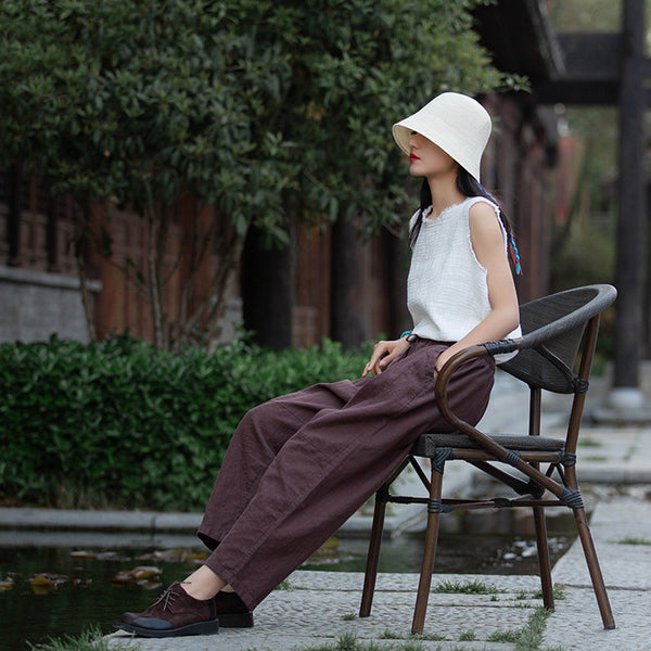 Women Linen and Cotton Causal Loose Cropped Drawstring Capris