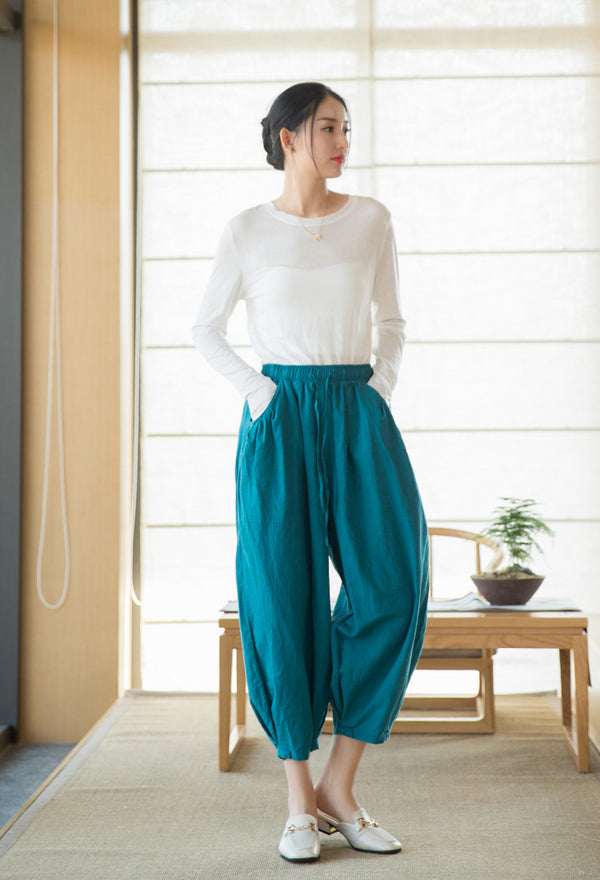 2022 Summer NEW! Women Modern Style Sand Washed Linen and Cotton Lantern Cropped Pants