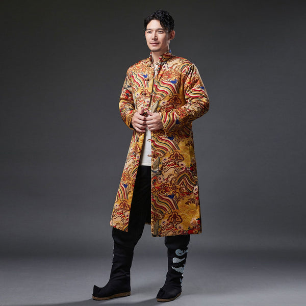 2021 Winter NEW! Men Retro Chinese Pattern Printed Linen and Cotton Quilted Tunic Type Coat