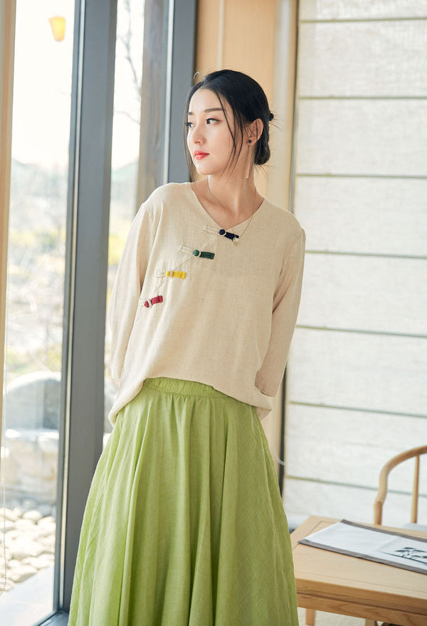 2022 Summer NEW! Women Eastern Style Linen and Cotton Mid Sleeve Shirt