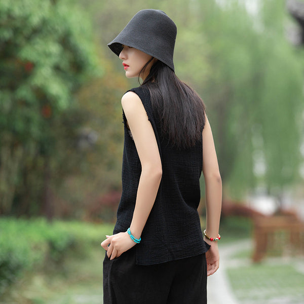 Women Linen and Cotton Sleeveless Wrinkled T-Shirt