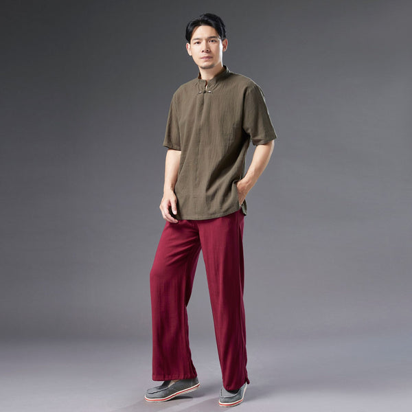 Men Causal Style Round Collar Buckle Linen and Cotton Short Sleeve Tops