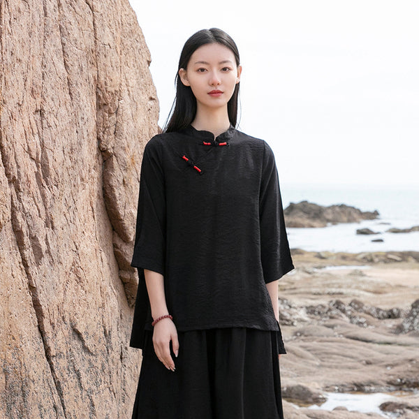 Women Retro Style Linen and Cotton Middle Sleeves Light Chinese Blouse