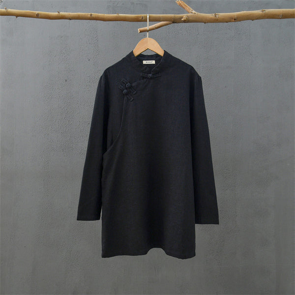 2021 Autumn NEW! Women Simple Retro Style Linen and Cotton Pure Color Top Buckle Blouse Shirt