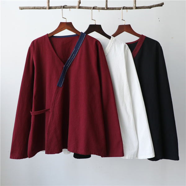 Women V-necked Zen Style Linen and Cotton Long Sleeves Cardigan Shirt