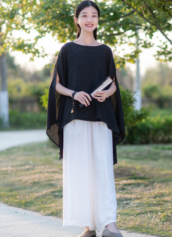 2022 Summer NEW! Women Modern Loose Style Linen and Cotton Round Necked Short Sleeves Shirt