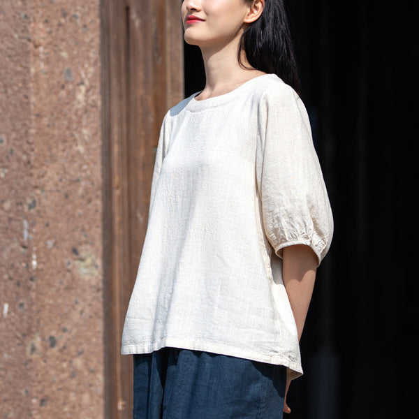 2022 Summer NEW! Women Simple Style Wrinkled Linen and Cotton Middle Sleeves Shirt