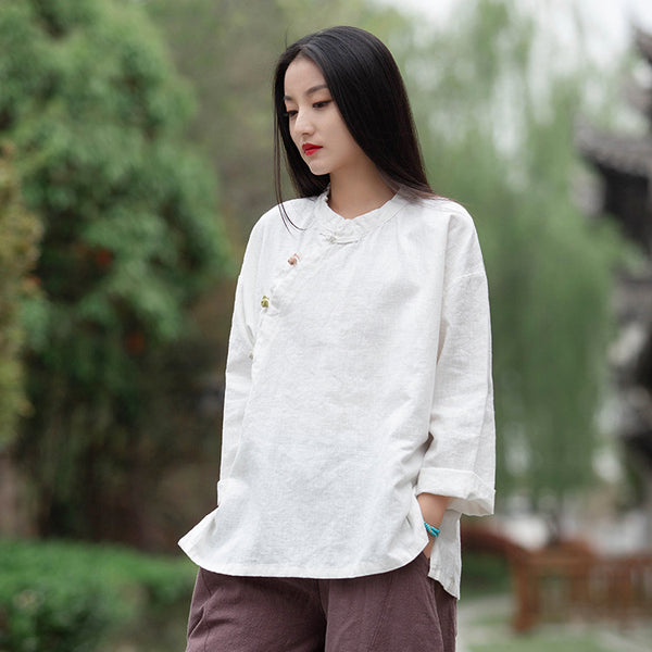 Women Round Collar Zen Style Linen and Cotton Long Sleeves Side Cardigan Shirt