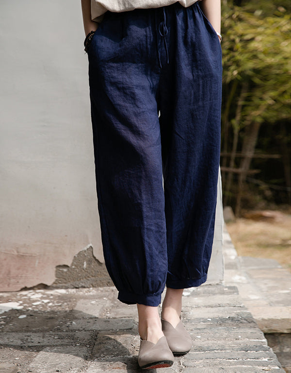 Women Lantern Style Linen and Cotton Lantern Cropped Pants