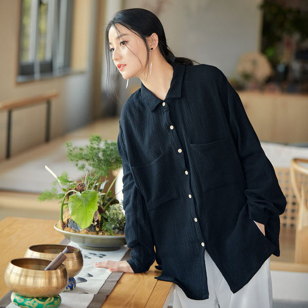 2022 Summer NEW! Women Modern Style Linen and Cotton Big Pockets Long Sleeve Shirt
