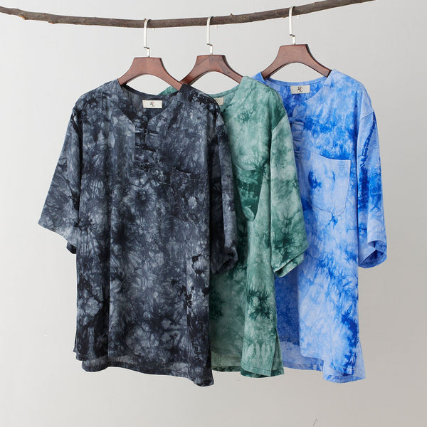 Men Causal Style Linen and Cotton Short Sleeve Dyed Color Tops