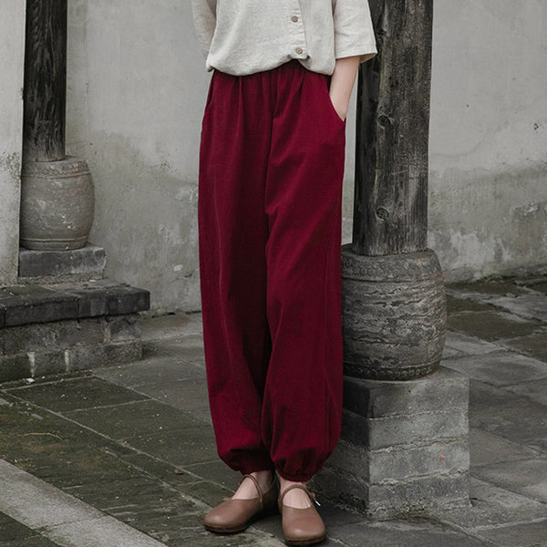 Women Retro Causal Lantern Style Linen and Cotton Patchwork Pants
