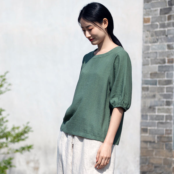 2022 Summer NEW! Women Simple Style Wrinkled Linen and Cotton Middle Sleeves Shirt