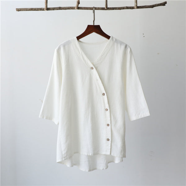 Women Linen and Cotton Middle Sleeves Cardigan Shirt