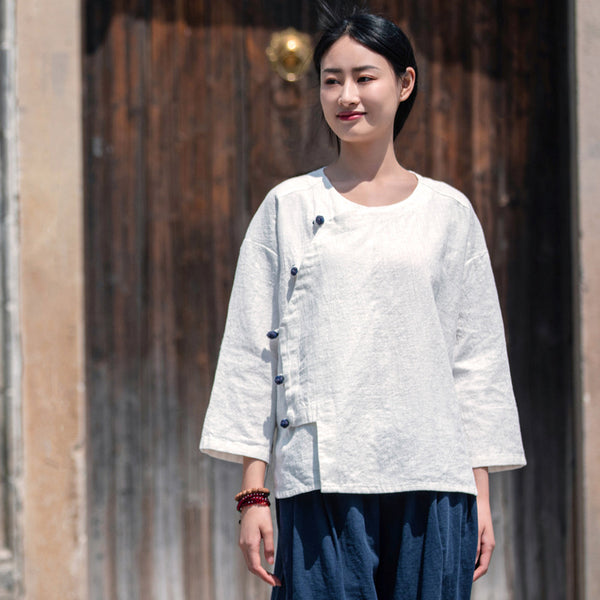 2022 Summer NEW! Women Chinese Ethnic Style Wrinkled Linen and Cotton Bracelet Sleeves Shirt