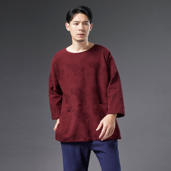 Men Causal Style Round Neck Linen and Cotton bracket 3/4 Sleeve Jacquard Tops