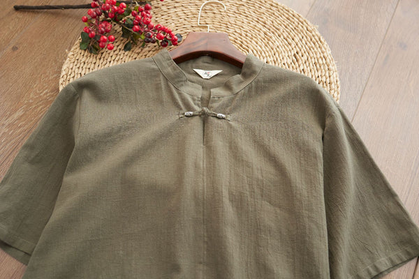 Men Causal Style Round Collar Buckle Linen and Cotton Short Sleeve Tops