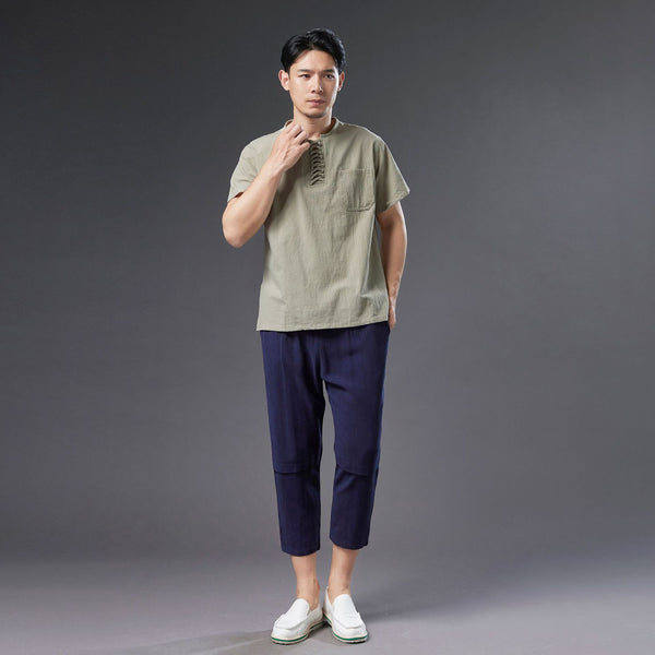 Men Causal Style Linen and Cotton Short Sleeve Tops