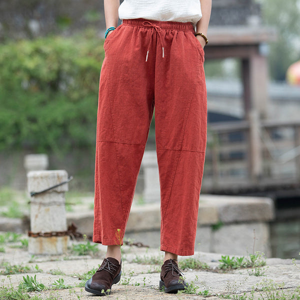 Women Linen and Cotton Causal Loose Cropped Drawstring Capris