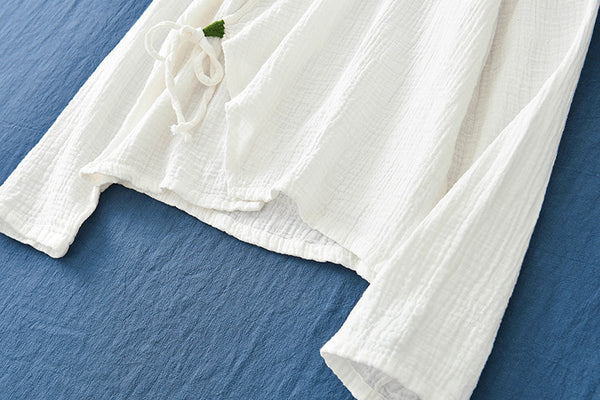 Women Zen Style Linen and Cotton Long Sleeves Side Cardigan Wrinkled Shirt