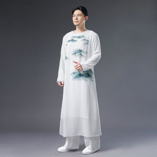 Men Classic Asian Style Linen Long Sleeve Round Neck Landscaping Printed Cheongsam