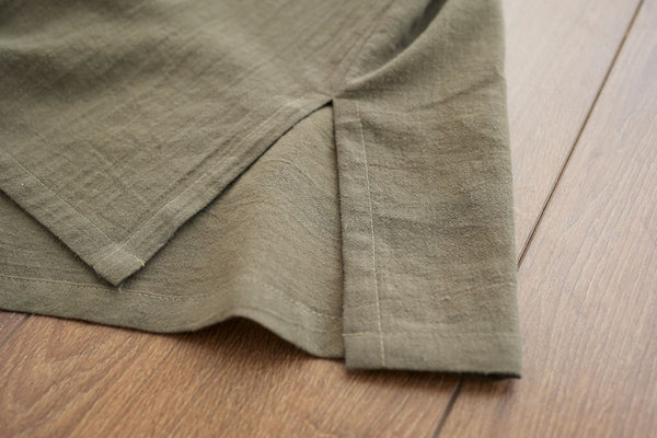 Men Causal Style Round Collar Buckle Linen and Cotton Short Sleeve Tops