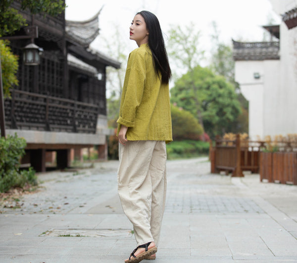 Women Round Collar Zen Style Linen and Cotton Long Sleeves Side Cardigan Shirt