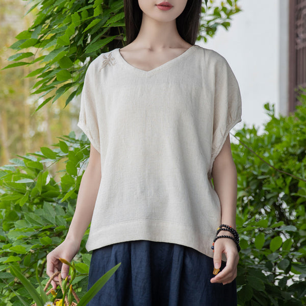 2022 Summer NEW! Women Retro Style Linen and Cotton V-Necked Short Sleeves Shirt
