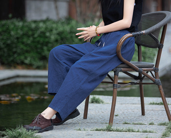 Women Linen and Cotton Causal Loose Cropped Drawstring Capris