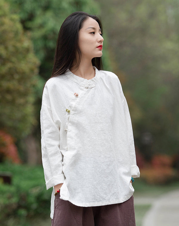 Women Round Collar Zen Style Linen and Cotton Long Sleeves Side Cardigan Shirt