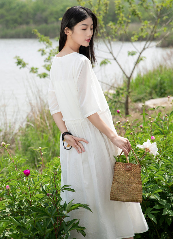 2022 Summer NEW! Women Loose Linen and Cotton Round Neck Middle Sleeve Maxi Dress