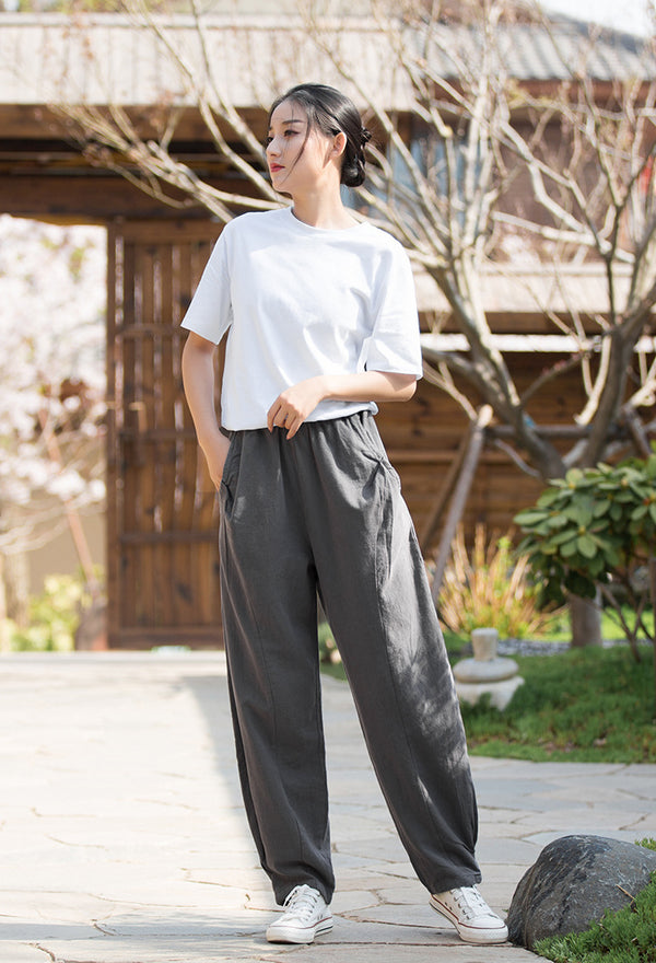 2022 Summer NEW! Women Causal Style Lantern Leisure Sand Washed Linen and Cotton Patchwork Pants