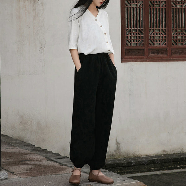 Women Retro Causal Lantern Style Linen and Cotton Patchwork Pants