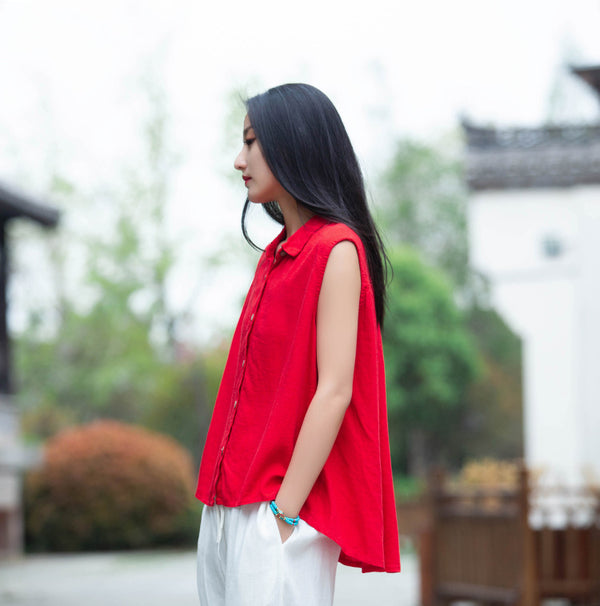 Women Sand-Washed Linen and Cotton Long Sleeveless Shirt
