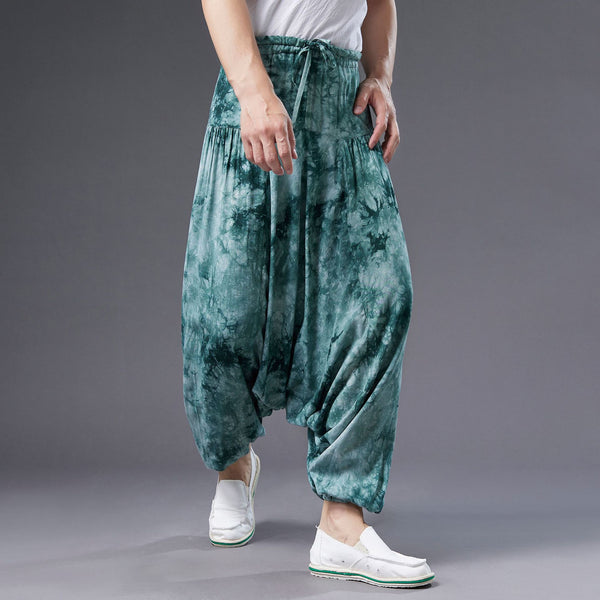 Men Retro Style Linen and Cotton Loose Dyed Color Drawstring Pants
