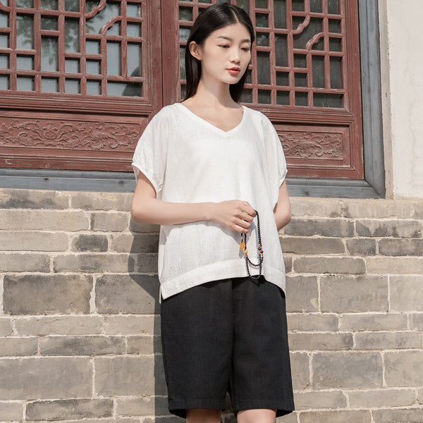 2022 Summer NEW! Women Retro Style Linen and Cotton V-Necked Short Sleeves Shirt