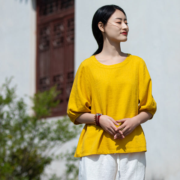 2022 Summer NEW! Women Simple Style Wrinkled Linen and Cotton Middle Sleeves Shirt