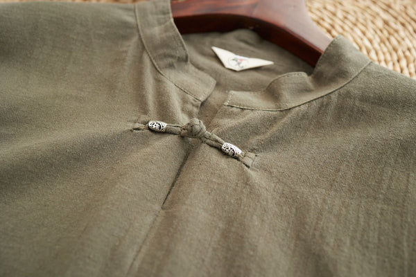 Men Causal Style Round Collar Buckle Linen and Cotton Short Sleeve Tops