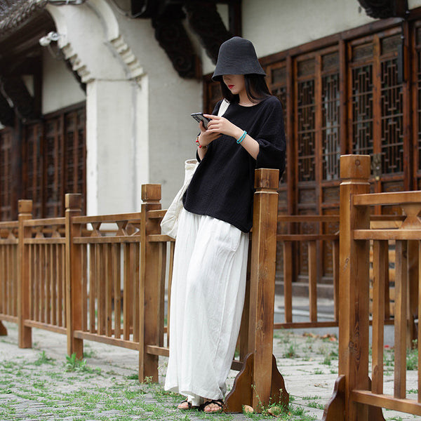 Women Round Necked Linen and Cotton Loose Middle Sleeves Wrinkled T-Shirt