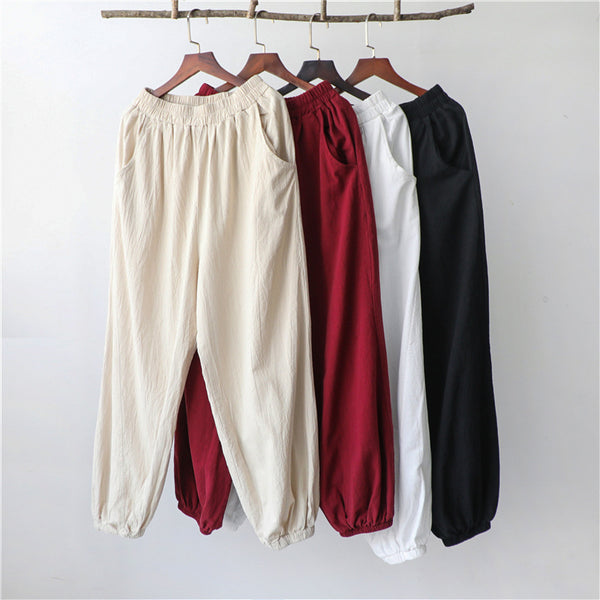 Women Retro Causal Lantern Style Linen and Cotton Patchwork Pants